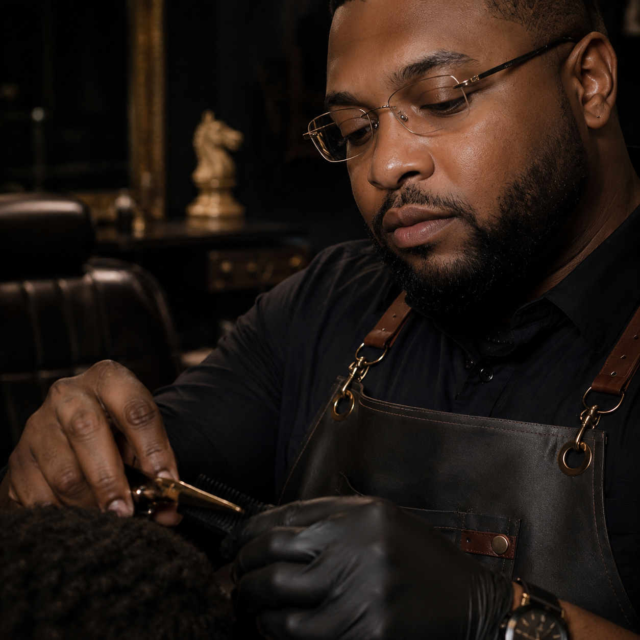 Detail of a barber chair, brass clippers and a straight razor on a marble counter.